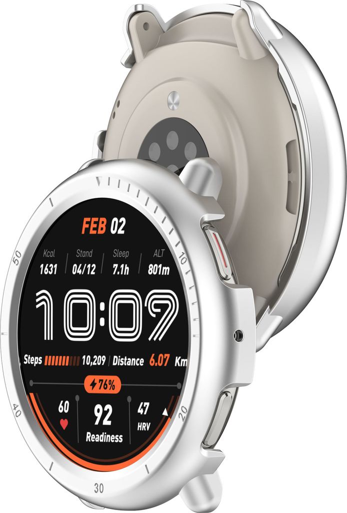 A smartwatch with a silver casing and a digital display showing time, date, and fitness metrics.