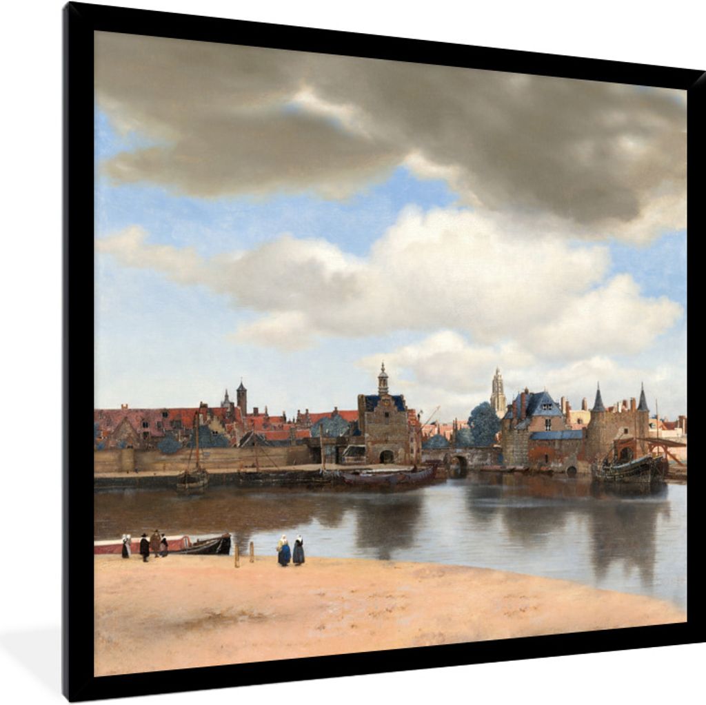 MuchoWow Gerahmtes Poster Ansicht von Delft - Gemälde von Johannes Vermeer 40x40 cm - Poster mit Schwarzem Bilderrahmen Wandposter Rahmen Foto B...