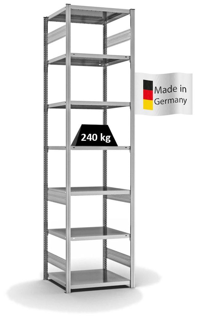 PROREGAL Fachbodenregal Stecksystem MAGNUS Germany | HxBxT 300x75x60cm | 7 Ebenen | Fachlast 240 kg | Beidseitig nutzbar | Verzinkt