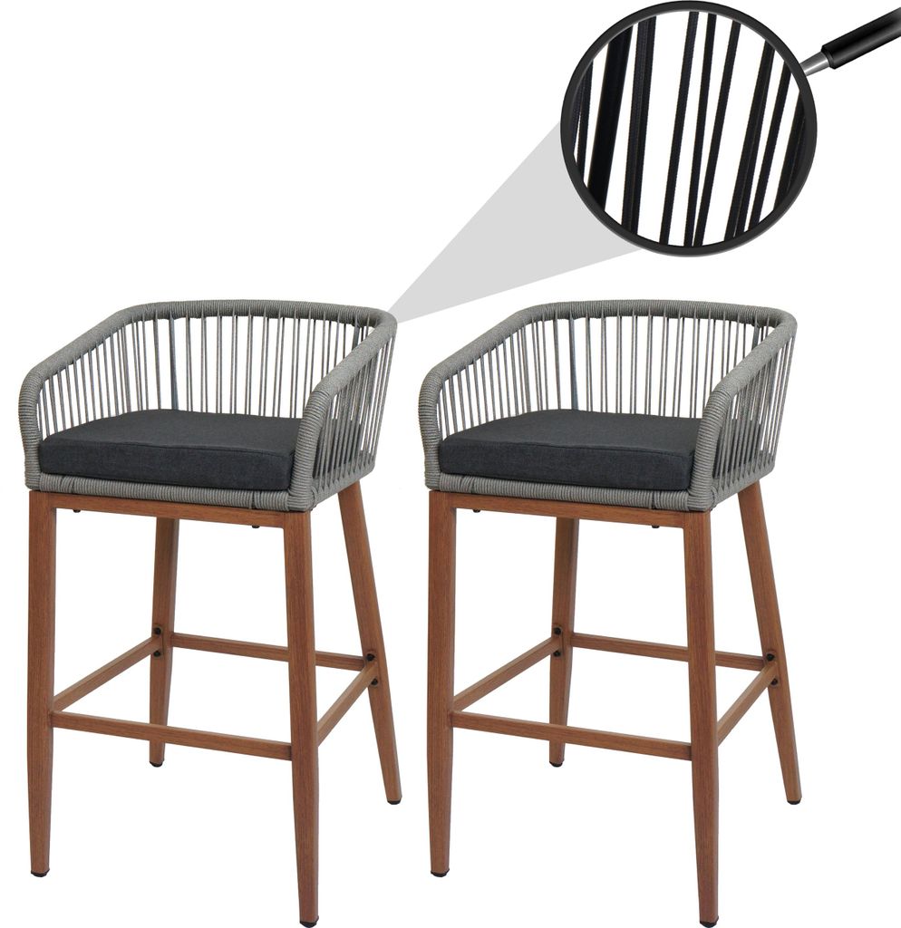 2er-Set Rope-Barhocker MCW-O22, Outdoor Sitzpolster Seilgeflecht Metall Holz-Optik hellgrau, Kissen dunkelgrau