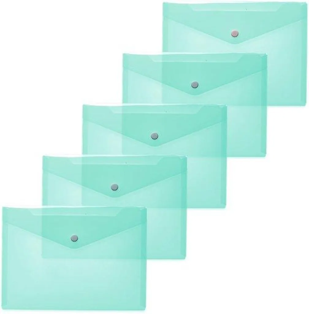 Pochettes transparentes A5 avec bouton-pression turquoise, lot de 5
