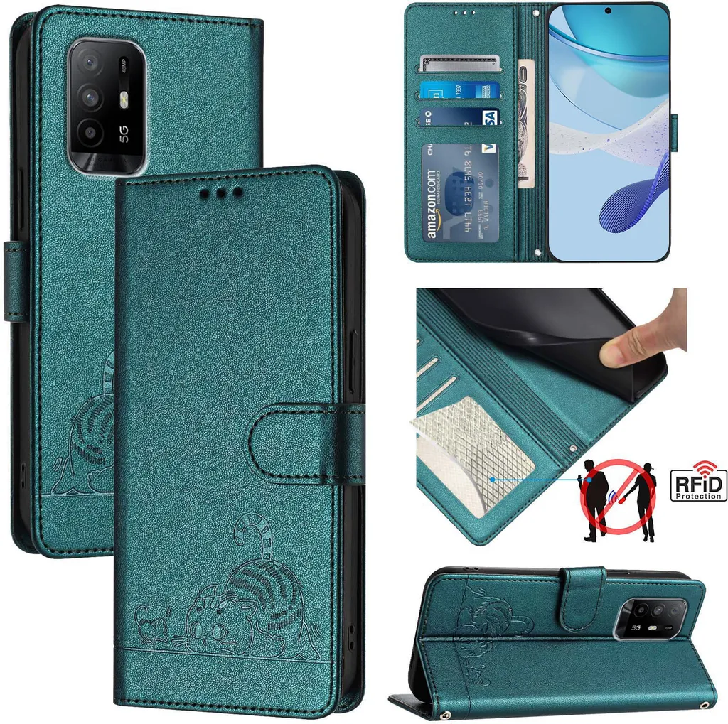 Custodia Fashion Verde Gatto Oppo A95 4G - Accessorio Portafoglio Pelle