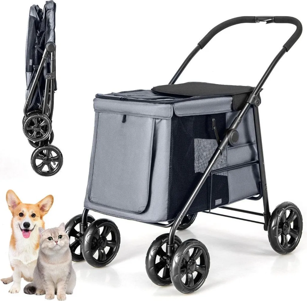 Chariot pour chien de grande taille pliable gris - Poussette de luxe