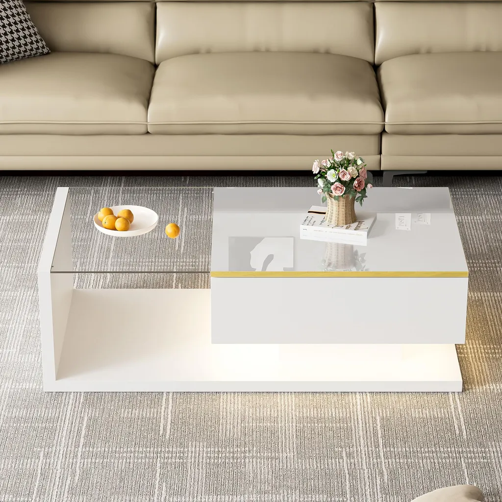 Table Basse Blanc Laqué avec Plateau Verre et Éclairage LED Connecté