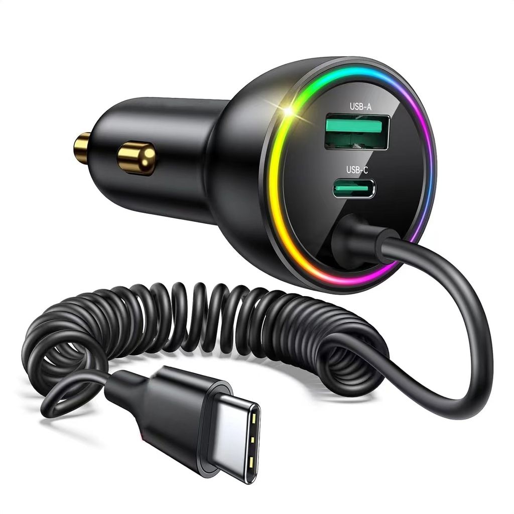 KFZ-Adapter,70-W-Autoladegerät, USB-C-Autoladegerät mit Schnellladung und 1,5 m langem Typ-C-Spiralkabel,USB-C-Telefon-Zigarettenanzünderadapter
