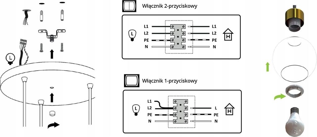 Diagrams showing electrical connections for a light fixture and assembly instructions for a glass pendant lamp.