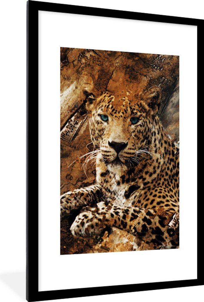 MuchoWow Gerahmtes Poster Leopard - Steine - Wand 60x90 cm - Poster mit Schwarzem Bilderrahmen Wandposter Rahmen Foto Bilder - Dekoration - Wandp...