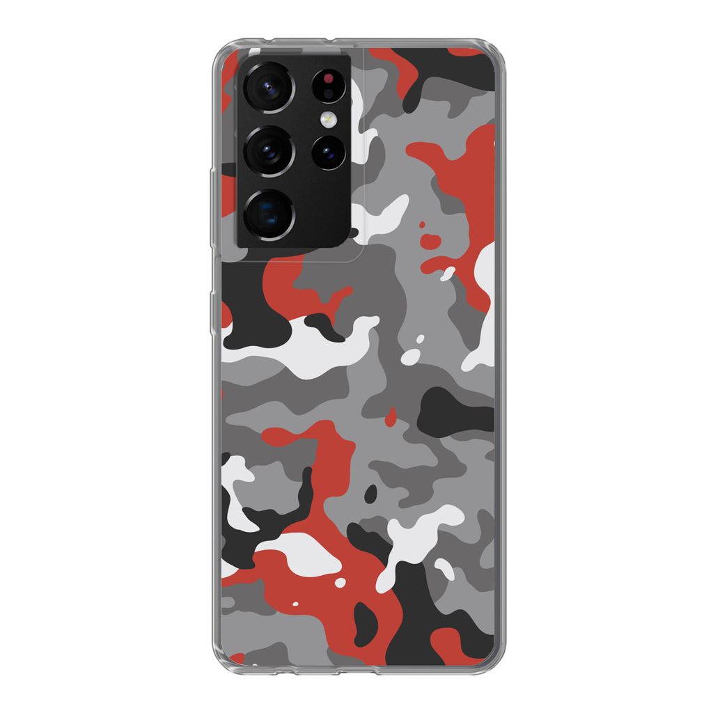 MuchoWow Handyhülle Schutzhülle Hülle für Samsung Galaxy S21 Ultra Camouflage-Muster mit roten Akzenten Silikon Softcase Handy Hülle - Mobil...