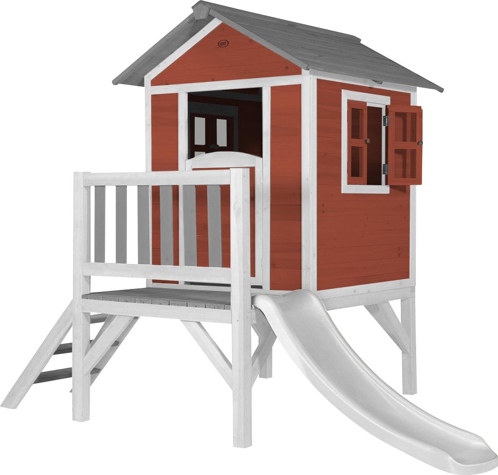 AXI Spielhaus Beach Lodge XL in Rot mit Rutsche in Weiß | Stelzenhaus aus Holz für Kinder | Kleiner Spielturm für den Garten