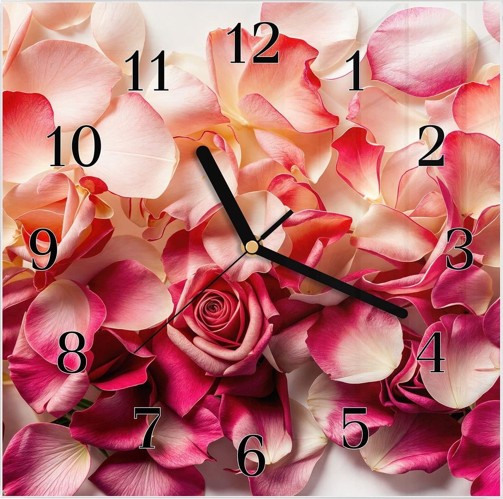 Wanduhr aus Glas mit Motiv Rosenblätterbuntes Spiel- 30 x 30 cm - inkl. Aufhängesystem