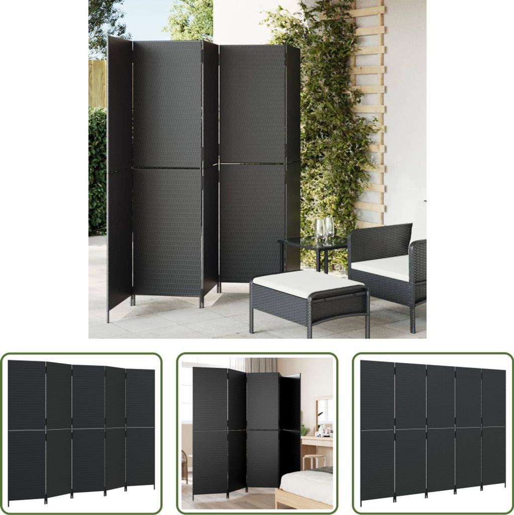 The Living Store Paravent 5-tlg. Schwarz Poly Rattan