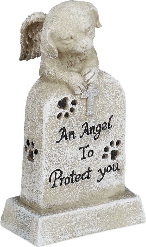 Relaxdays Grabschmuck Hund, wetterfest, Tier Gedenkstein, mit Kreuz, Hundeengel, Spruch: An Angel To Protect You, creme