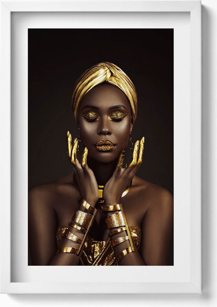 Porträt einer afrikanischen Frau in Gold– Wandbild mit Rahmen – Gerahmtes Bild – Wanddekoration – 40x60 cm – Weiß