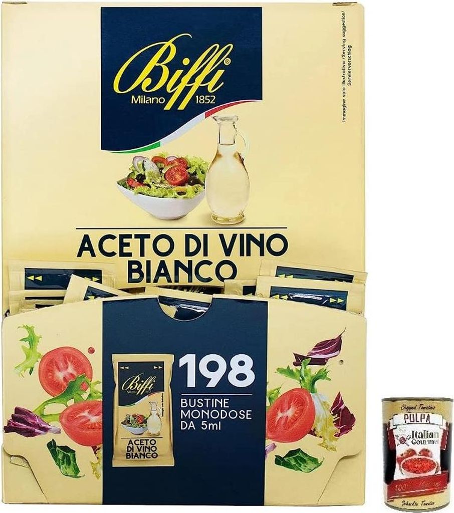 Biffi Aceto Di Vino Bianco Einzeldosis-Weißweinessig 198 Einzel Portionsbeutel à 5ml + Italian Gourmet Polpa di Pomodoro 400g Dose
