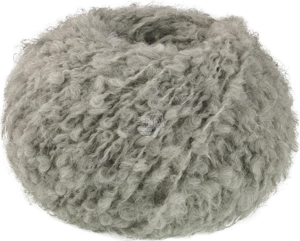A ball of grey yarn on a white background.