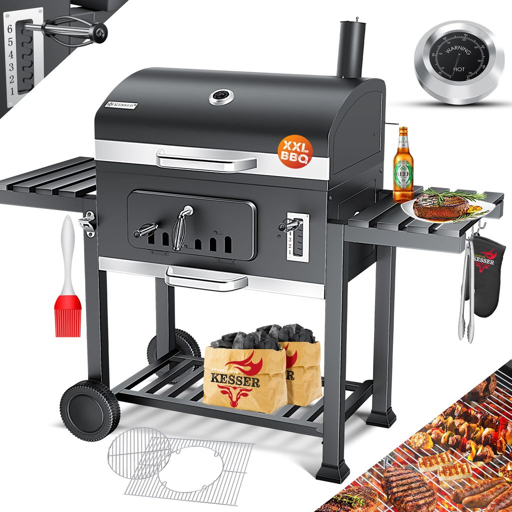 A collage of images showcasing a large charcoal grill and its accessories, with close-ups of features and lifestyle shots.