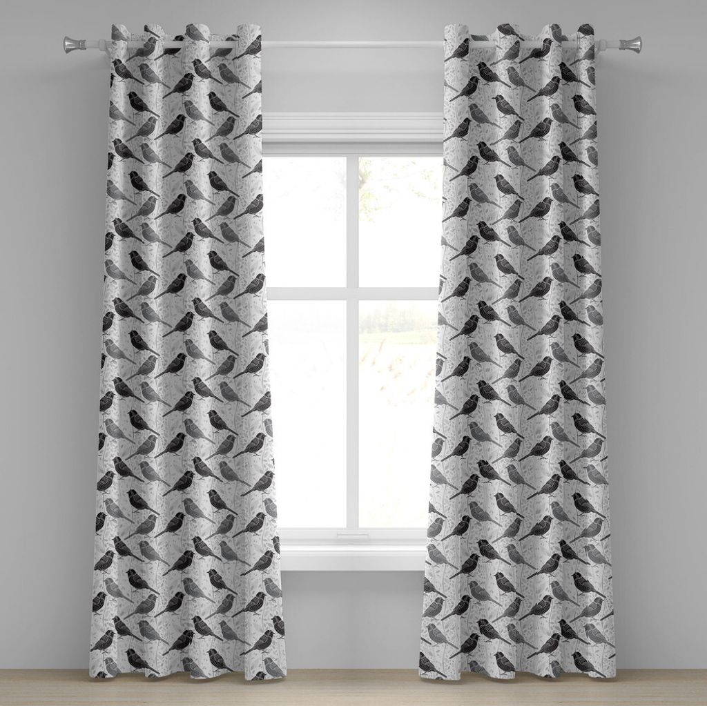ABAKUHAUS Grau Ösenvorhang, Ornamental Vögel Auf Bäumen Winged Flying Feather Moderne Artwork Natur, Dekorative 2-Panel-Fenstervorhänge, 280 cm...