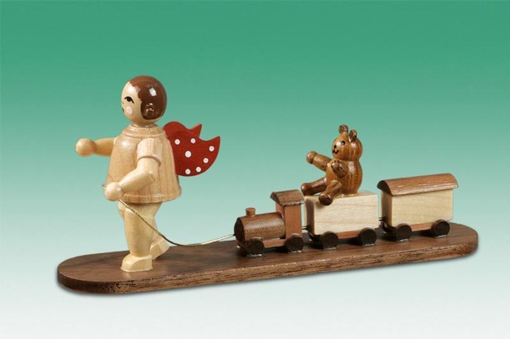 Holzfigur Engel mit Eisenbahn Teddybär natur ohne Krone Höhe 6,5cm NEU