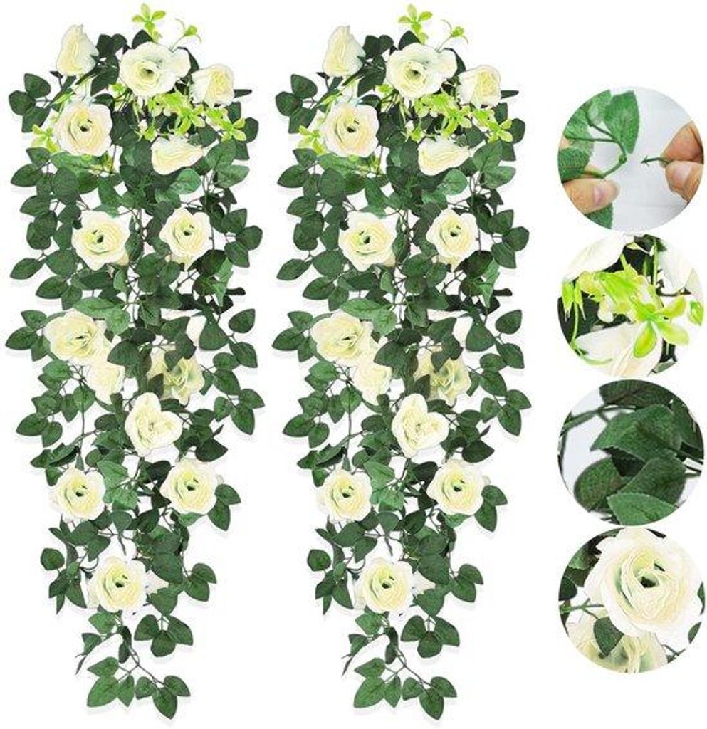 Unyqoos Set mit 2 dekorativen Kunstpflanzen und realistischen weißen Rosen, 90 cm lang, pflegeleicht und vielseitig einsetzbar