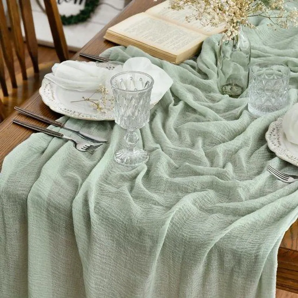 Nappe bohème en mousseline vert eucalyptus 80x400 cm fluide chic