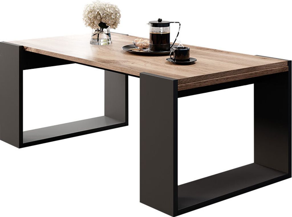 A modern coffee table with a wood top and black metal legs, decorated with a vase of flowers, a coffee press, and a cup of coffee.