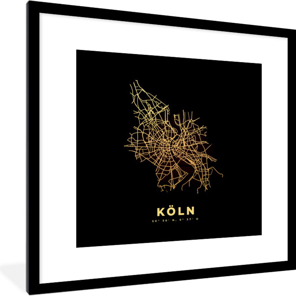 MuchoWow Gerahmtes Poster Karte - Köln - Gold - Karte - Stadtplan 40x40 cm - Poster mit Schwarzem Bilderrahmen Wandposter Rahmen Foto Bilder - P...
