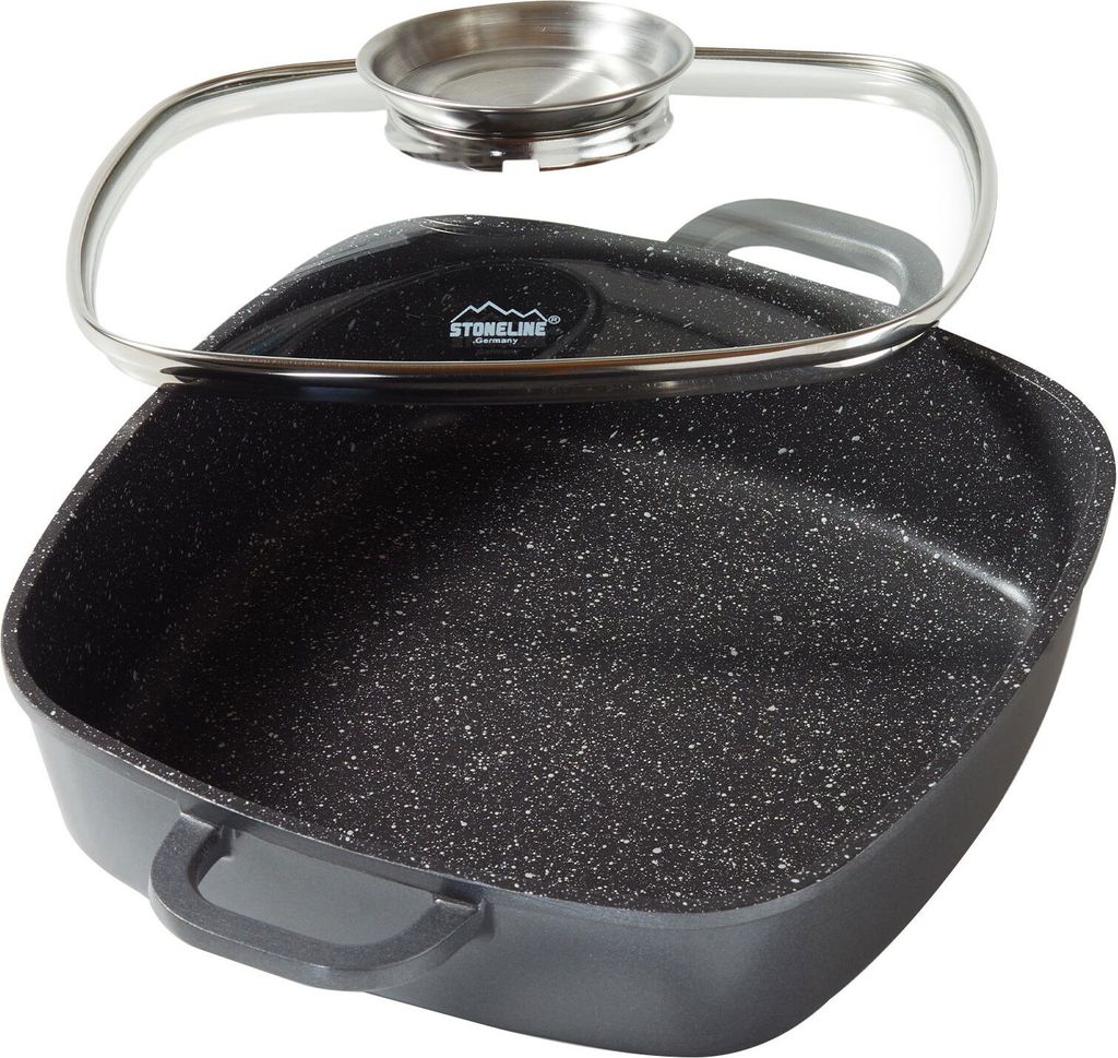 A square frying pan with a glass lid and handles, presented against a white background.