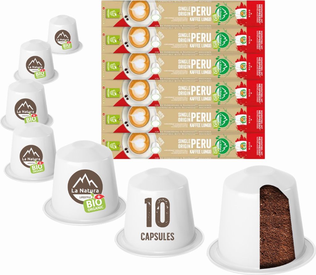 Peru Plantagen Single Origin Kaffee - 60 Kaffeekapseln | La Natura Lifestyle Organic 306g| biobasiert | Nespresso *³ kompatible