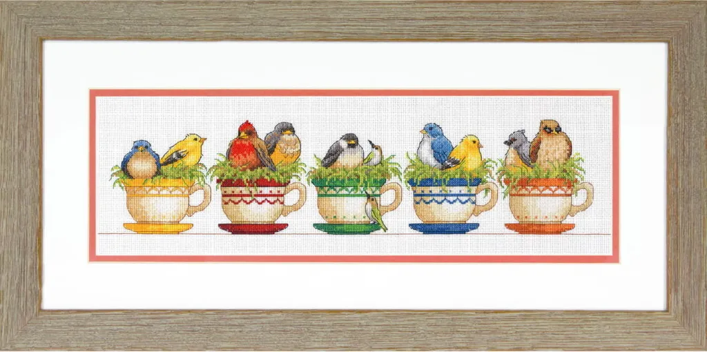 Tableau Brodé Point de Croix Tasses et Oiseaux 48cm pour Déco Intérieure