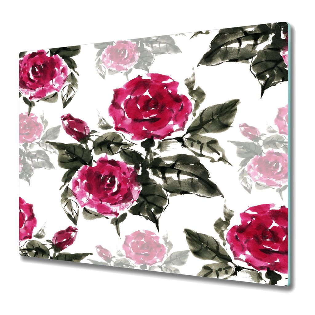 Küchenteller - Schneidebrett Glas - Herdabdeckung - Tinte Rose Blumen