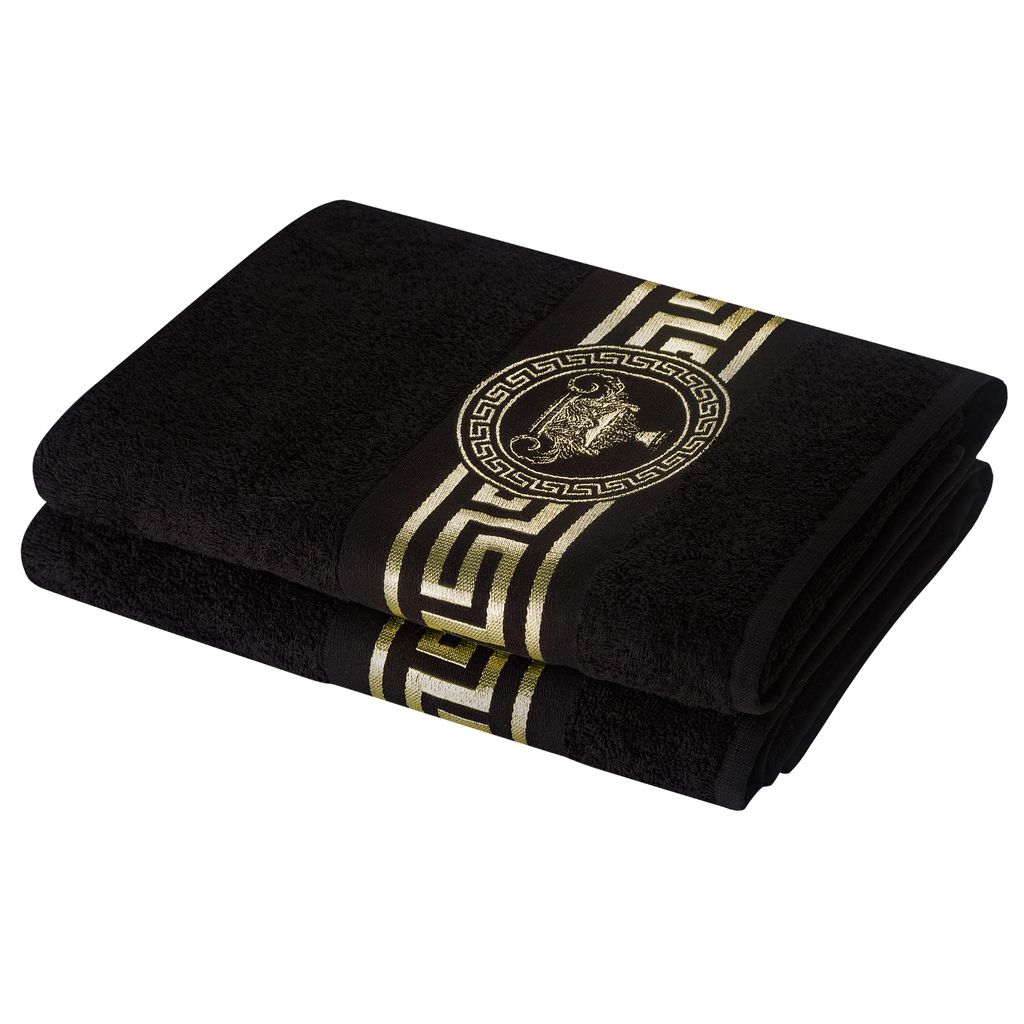 2er SET - Mäander Amphore Handtücher Duschtücher Gästetücher Saunatücher Flauschige Frottee Baumwolle in Schwarz Gold 70 cm x 140 cm