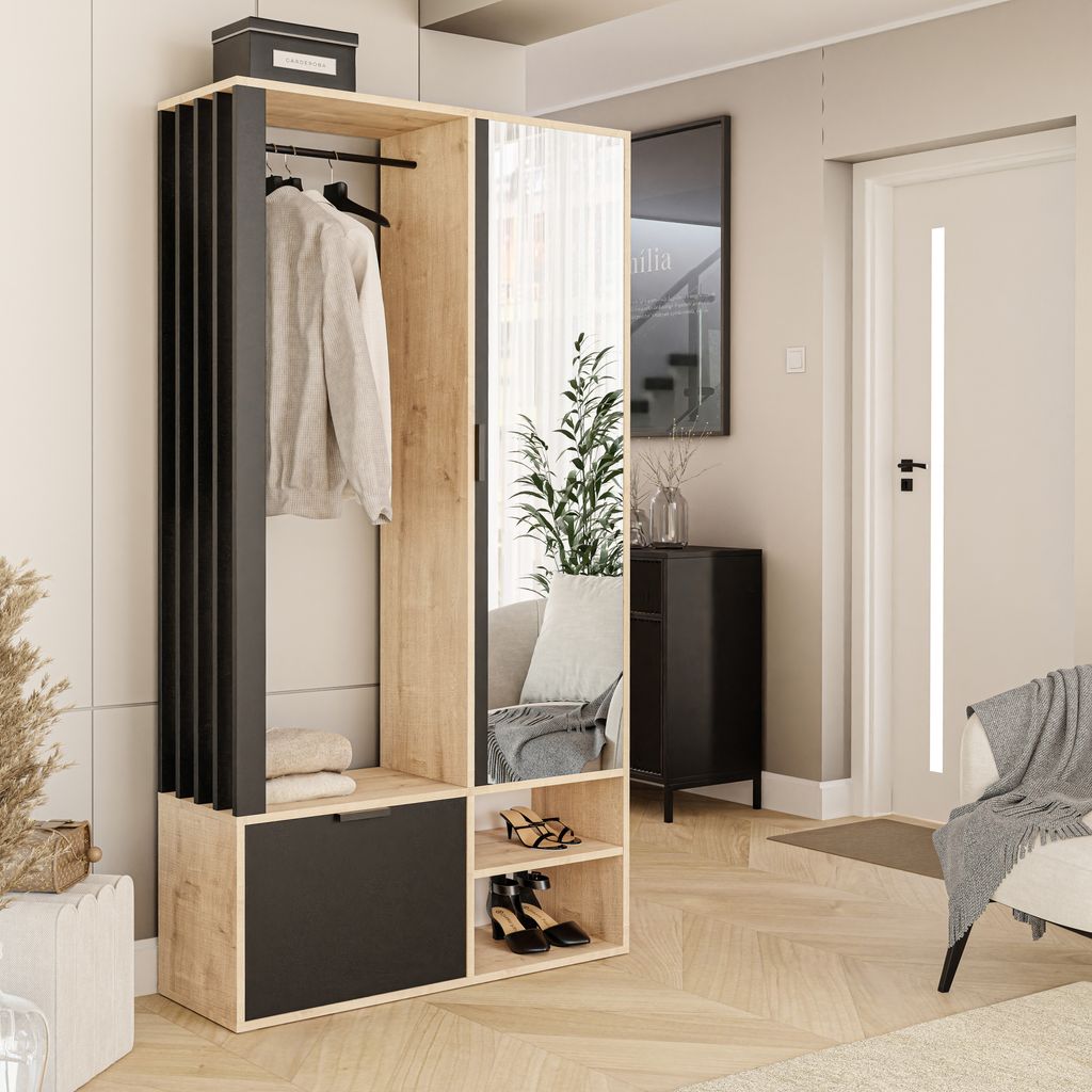 Armoire Milo avec miroir, étagères et tringle à vêtements, Image du produit 
