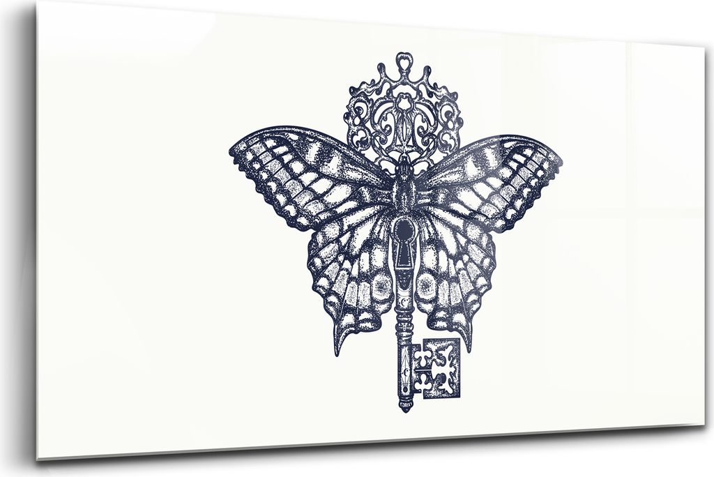 120x60 - Glasbilder - Bilder auf Wandbild - Foto auf Glas - Schmetterling und Schlüssel im Boho-Stil