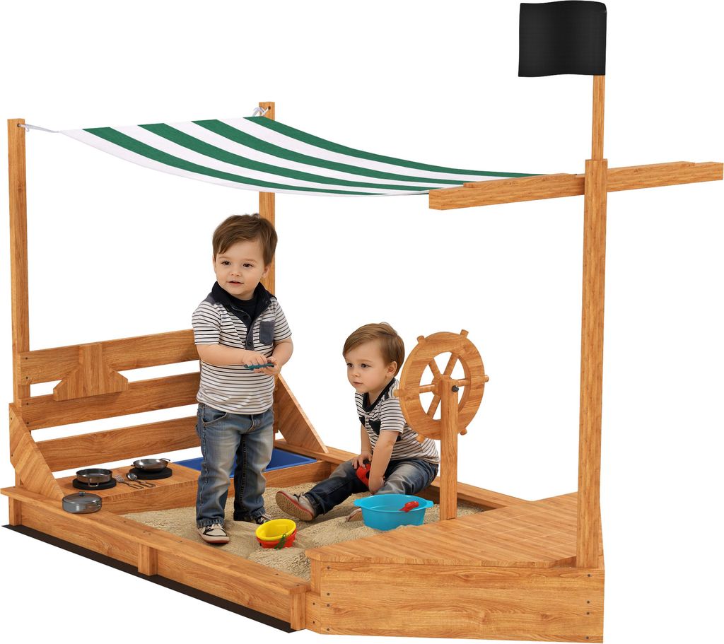 Outsunny Sandkasten Sandkiste groß mit Abdeckung im Schiff Design Matschekiste aus Holz Segelschiff Spielhaus mit Küchenspielset Aufbewahrung fü...