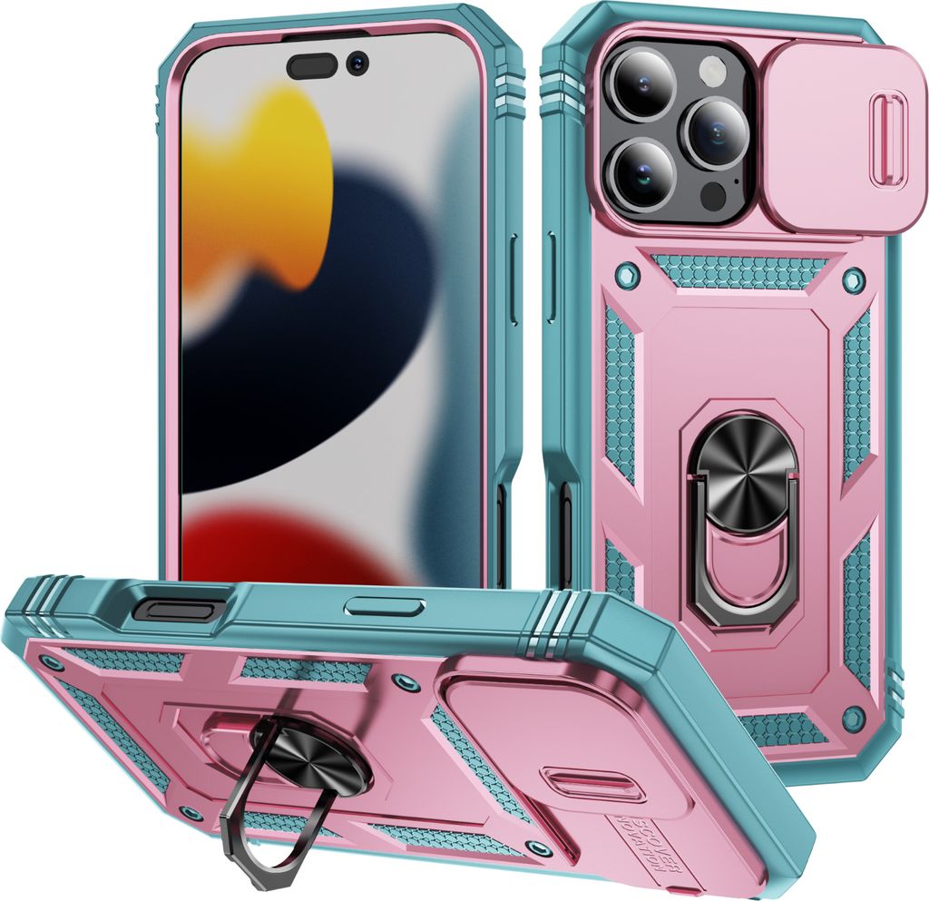 iPhone 16 Pro Hülle, Schiebe Kamera Schutz Stoßfest Schutzhülle mit Ringhalterung Ständer für iPhone 16 Pro Türkis