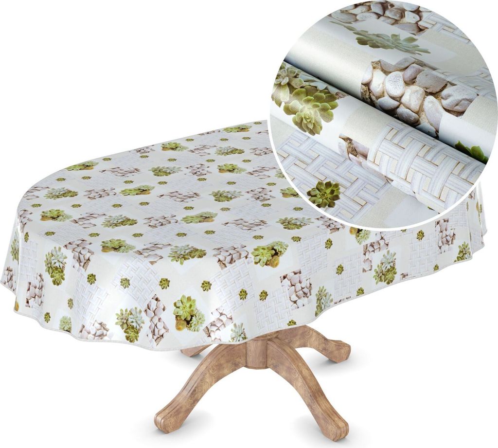 Tischdecke Wachstuch MIMOSA Blumen Weiß Robust Wasserabweisend Oval Breite 140 cm Länge 180 cm