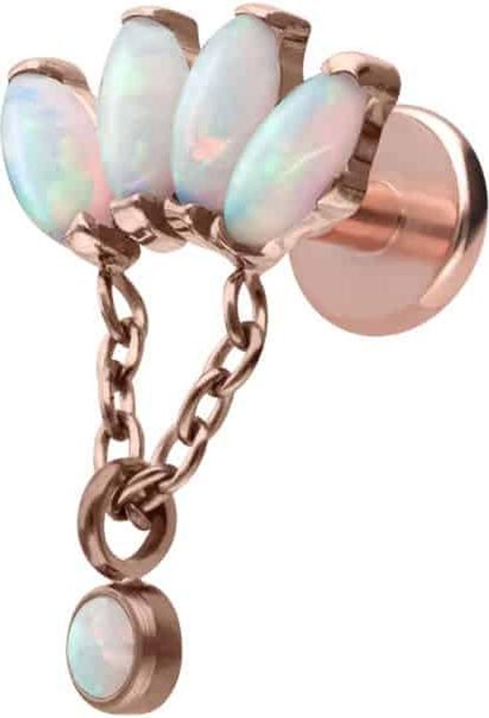 Ohrpiercing, Nasenpiercing Titan Labret mit Innengewinde LOTUSBLÜTE + SYNTHETISCHE OPALE RoséGold Stablänge: 8mm | Stabstärke: 1,6mm