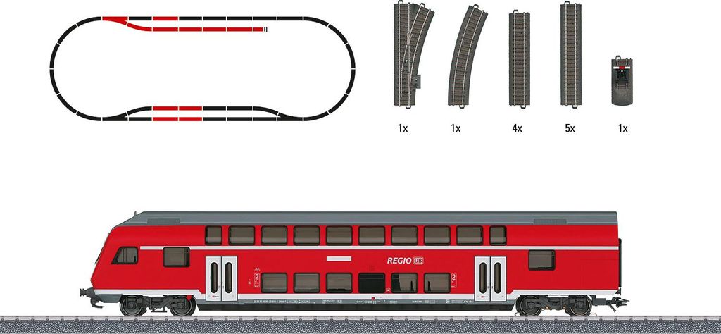 A model train set with track pieces and a red double-decker train.