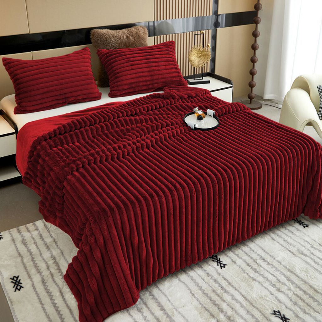 Kuscheldecke Flauschig Decke Fleecedecke – Weiche Warme Grobe Korddecke Gemütlicher Überwurf Für Bett und Couch, Weinrot, 160 x 200 cm