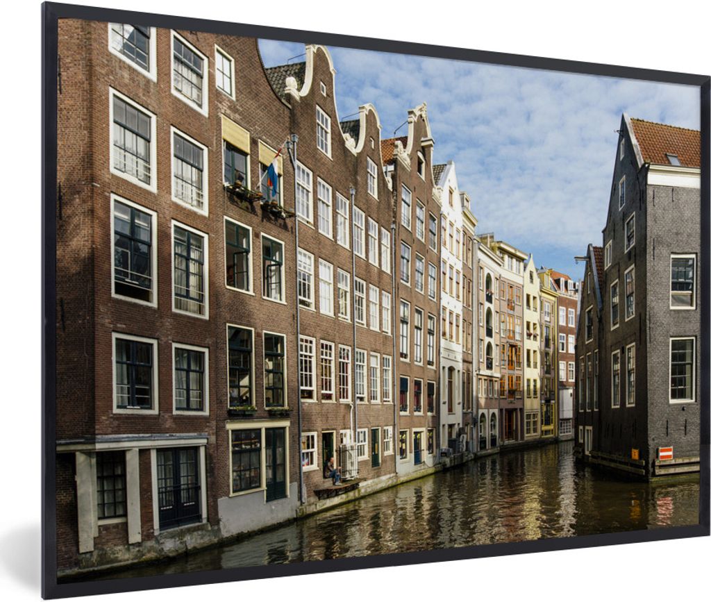 MuchoWow Gerahmtes Poster Grachtenhäuser entlang der Gracht in Amsterdam 90x60 cm - Poster mit Schwarzem Bilderrahmen Wandposter Rahmen Foto Bil...