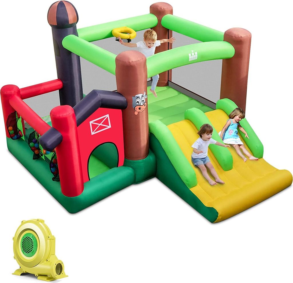 GOPLUS Aufblasbare Hüpfburg, Spielburg für Kinder mit Bällebad, Basketball, Rutsche & Sprungbereich für drinnen & draußen, Spielparadies zum A...