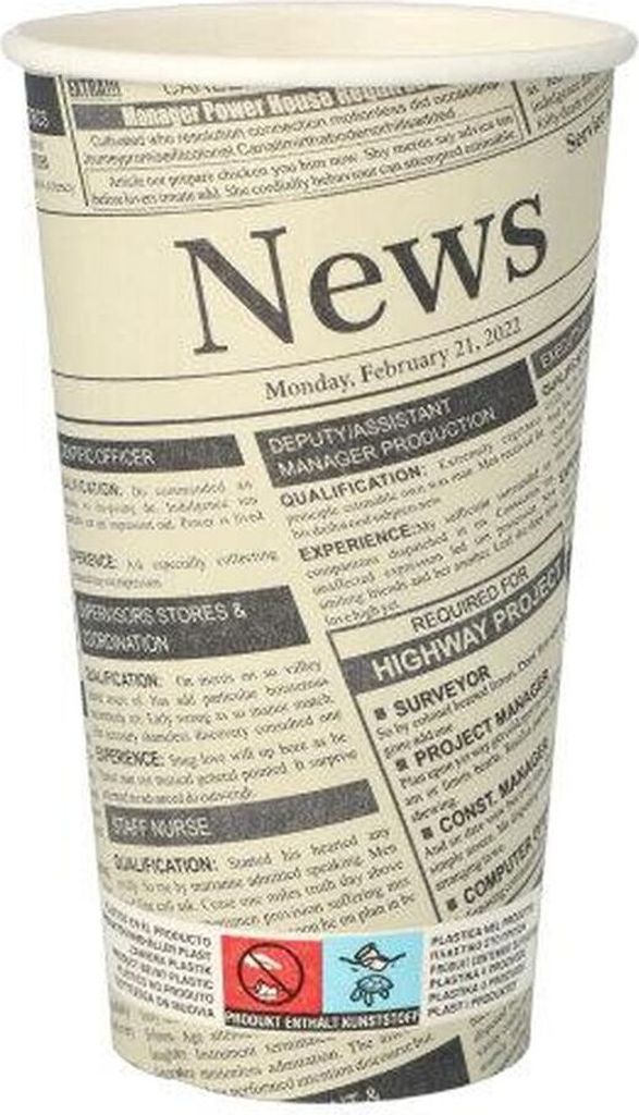 Papp-Trinkbecher To Go 0,5 l, Ø 9 cm, 15 cm hoch, weiß „Newsprint“ – 1000 Stück