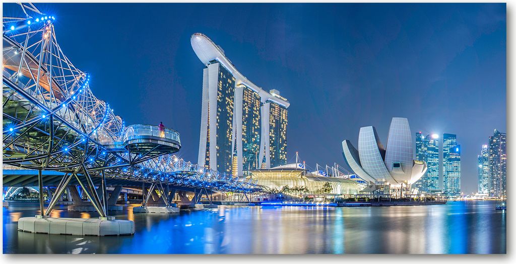 Tulup Leinwandbild - 140x70 cm - Wandkunst - Drucke auf Leinwand - Leinwanddruck - Landschaften - Blau - Singapur bei Nacht