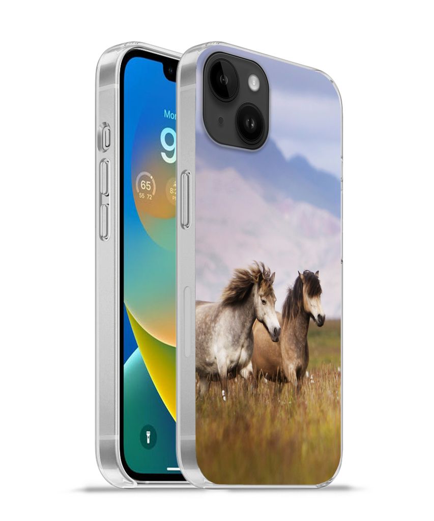 MuchoWow Handyhülle Schutzhülle Hülle für Apple iPhone 14 Plus - Soft case Pferde - Gras - Berge Silikon Softcase Handy Hülle - Abbildung