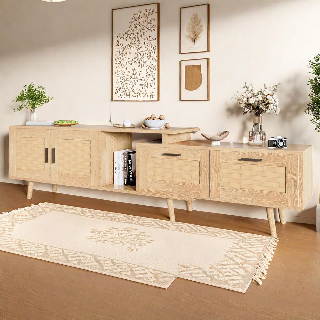 ProximaX TV-Schrank aus Eichenholz – Ausziehbar, Rattan-Optik – Modernes Wohnzimmermöbel für flexiblen Stauraum