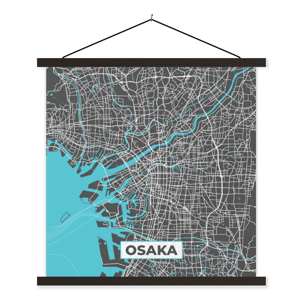 MuchoWow Textilposter Osaka - Blau - Karte - Stadtplan 90x90 cm mit schwarzem Rahmen - Magnetisches