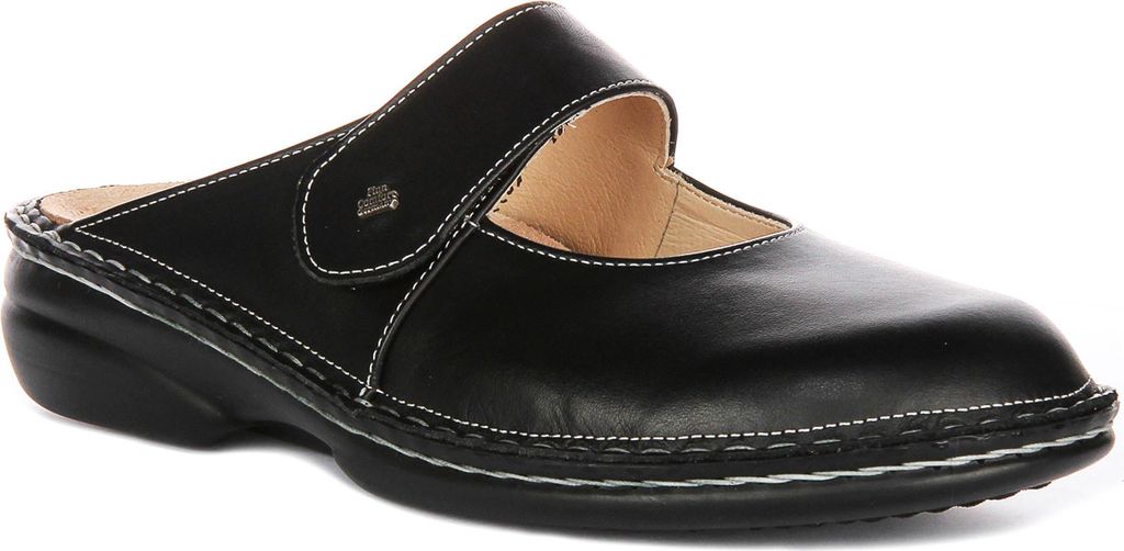 A black clog shoe is shown from a side-angle on a white background.