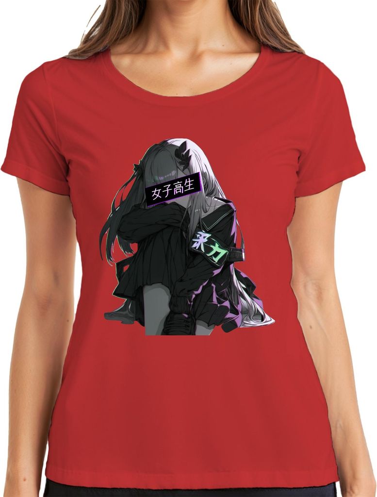 女子高生 Anime Gothic Emo Traurig Vaporwave Neon Ästhetisch Kawaii Damen T-Shirt, Rot, XL