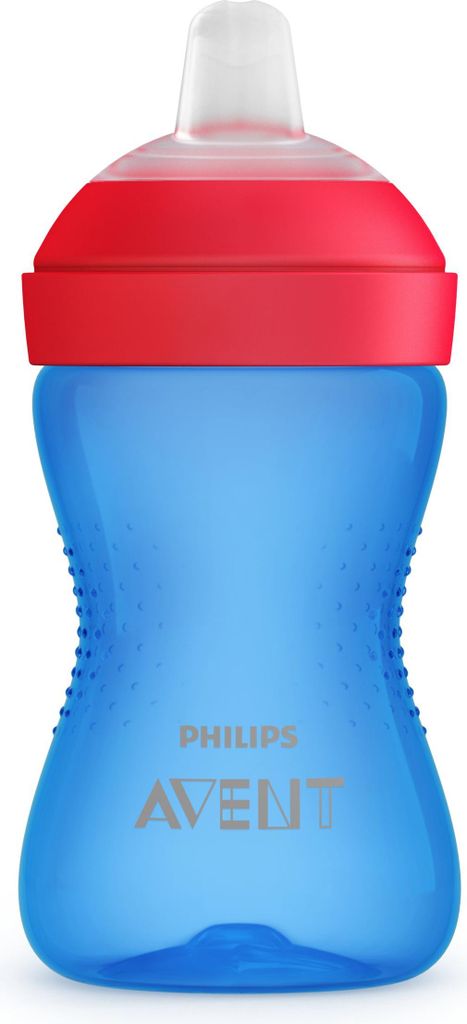 A blue Philips Avent soft sippy cup with a red lid and white spout.