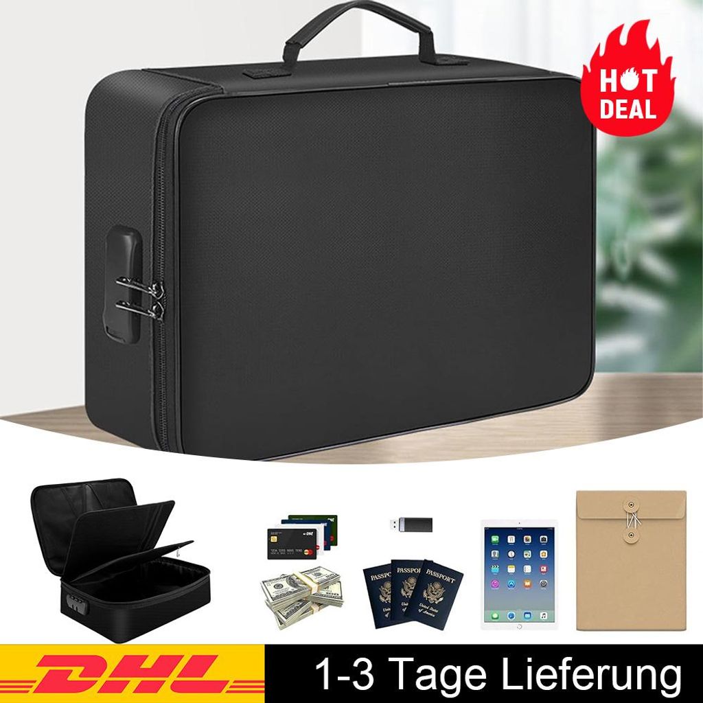 Feuerfeste Dokumententasche mit Schloss, wasserdichte Dokumentenbox